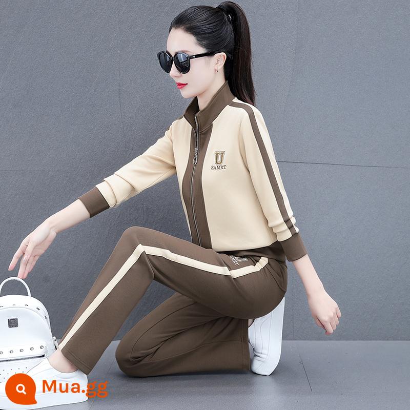 Bộ đồ thể thao nữ mùa xuân và mùa thu phong cách nước ngoài thời trang trẻ trung cổ áo cardigan cotton dày T chạy bộ quần ống rộng hai món trang phục thường ngày - quả mơ