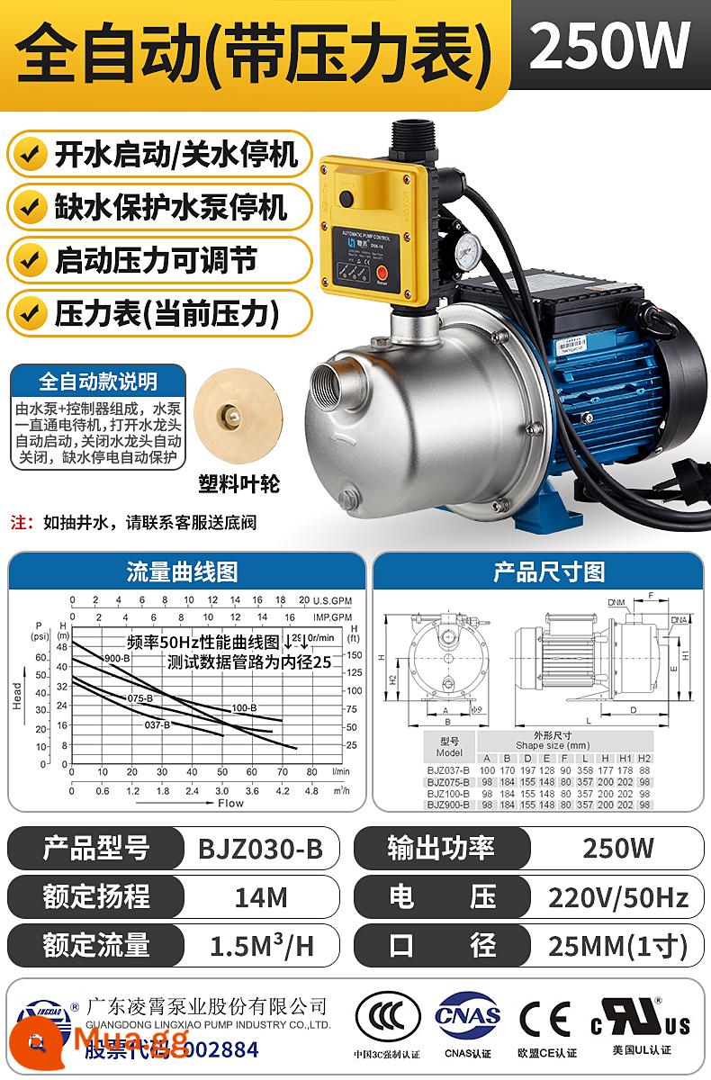 Máy bơm nước Quảng Đông Lingxiao hoàn toàn tự động bơm tăng áp thép không gỉ tự mồi bơm nước máy bơm tăng áp bơm tiêm loại BJZ - [Mẫu B hoàn toàn tự động] Bộ điều khiển loại lá nhựa 250W/1 inch (BJZ030B)-16