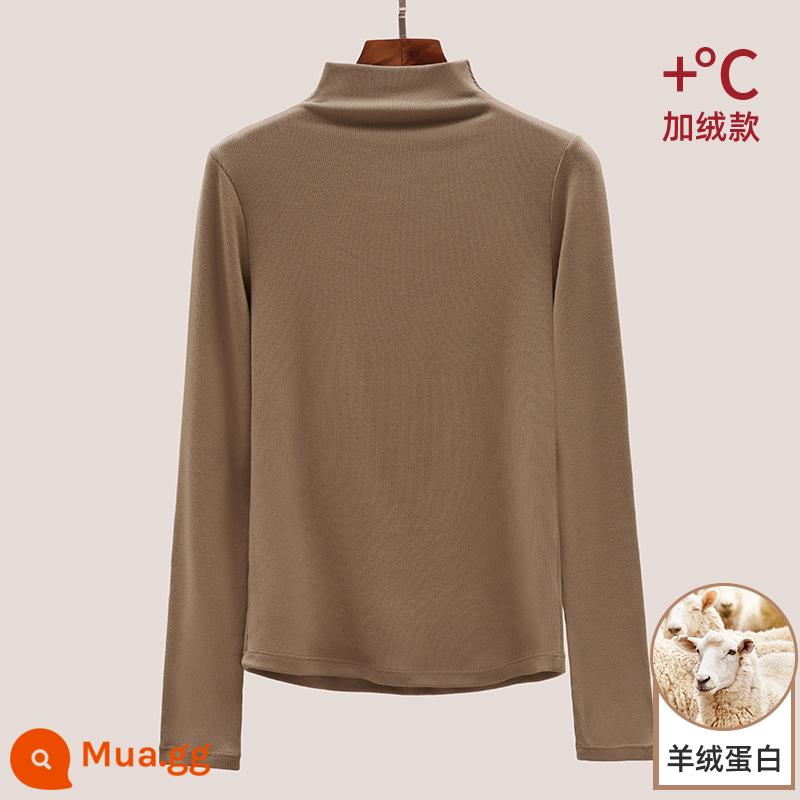 Áo sơ mi nữ cổ cao chạm đáy modal nhung đen 2022 áo thun cơ bản dài tay mới - Kaki (cộng với nhung và protein cashmere)