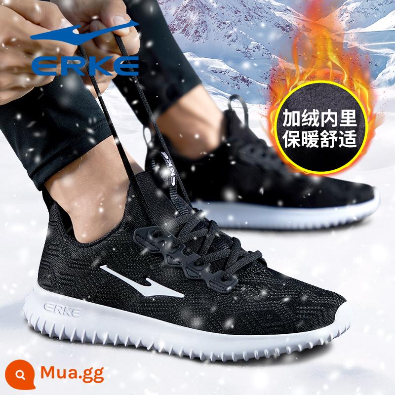 Hongxing Erke Nam Mùa Thu Đông Da Chống Thấm Nước Chạy Bộ Chính Thức Hàng Đầu Store Mùa Đông Nỉ Giày Sneakers Nam - H ngắn nhung đen trắng 1151