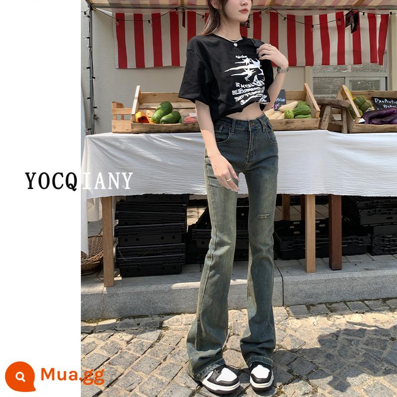 Hot Girl Retro Bootcut Quần Jean Nữ Mùa Hè 2023 Phong Cách Mới Lỗ Nhỏ Cao Cấp Đầu Thu Ngựa Móng Guốc Quần - quần xanh cổ điển