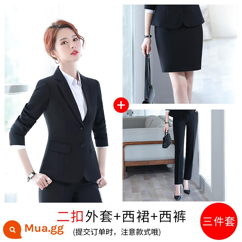 Bộ vest chuyên nghiệp dành cho nữ, trang phục công sở, khí chất, bộ vest đen xuân thu của sinh viên đại học, áo khoác, cỡ lớn của nữ - Áo khoác đen + váy + quần đen hai nút/có thể mặc kèm thắt lưng