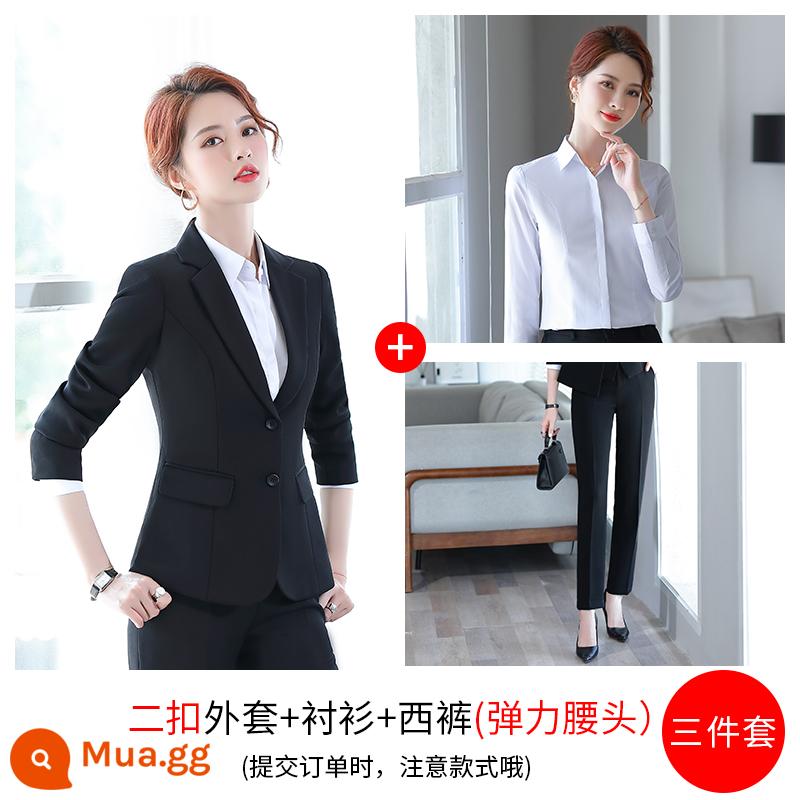 Bộ vest chuyên nghiệp dành cho nữ, trang phục công sở, khí chất, bộ vest đen xuân thu của sinh viên đại học, áo khoác, cỡ lớn của nữ - Áo khoác đen hai nút + áo sơ mi + quần / dây thun