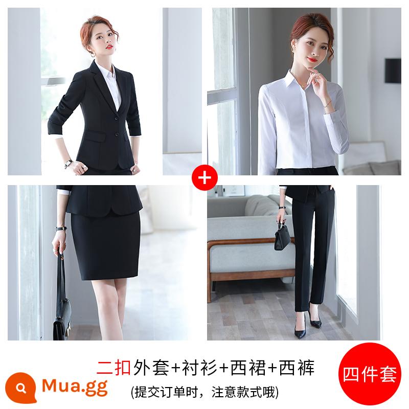 Bộ vest chuyên nghiệp dành cho nữ, trang phục công sở, khí chất, bộ vest đen xuân thu của sinh viên đại học, áo khoác, cỡ lớn của nữ - Áo khoác đen hai nút + áo sơ mi + váy + quần