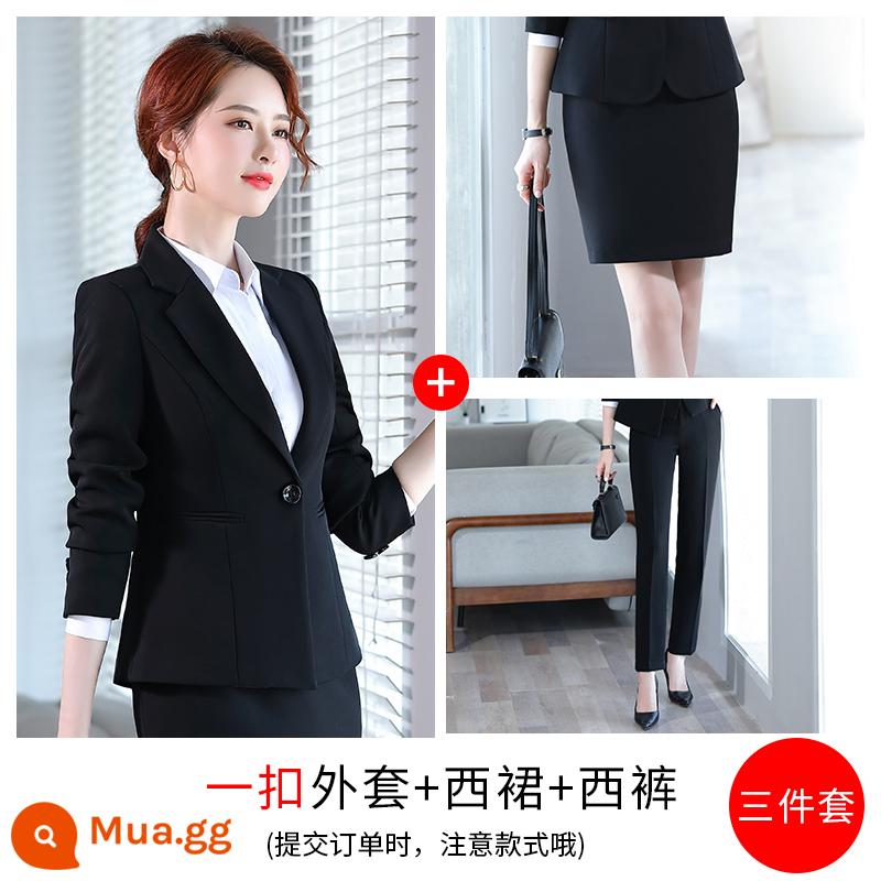 Bộ vest chuyên nghiệp dành cho nữ, trang phục công sở, khí chất, bộ vest đen xuân thu của sinh viên đại học, áo khoác, cỡ lớn của nữ - Áo khoác đen một nút + váy + quần/có thể mặc kèm thắt lưng