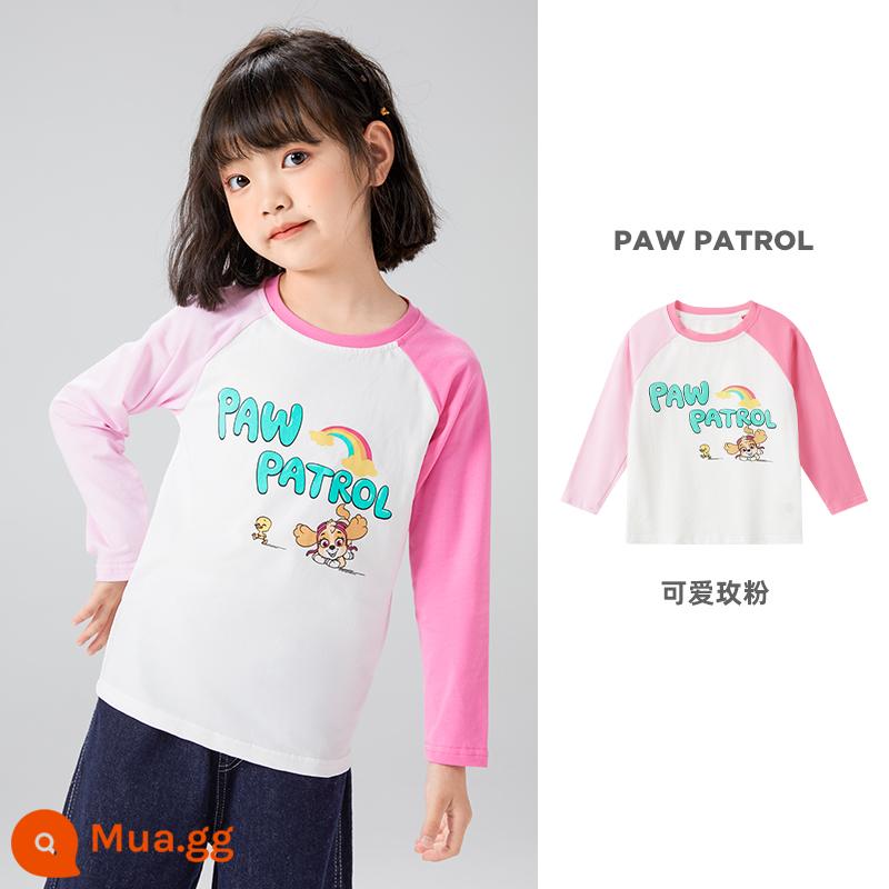 Áo thun dài tay bé trai Paw Paw Team xuân thu 2023 bé trai Áo thun cotton trẻ em bé gái đáy áo sơ mi hợp thời trang - Màu tương phản hoa hồng đỏ mỗi ngày