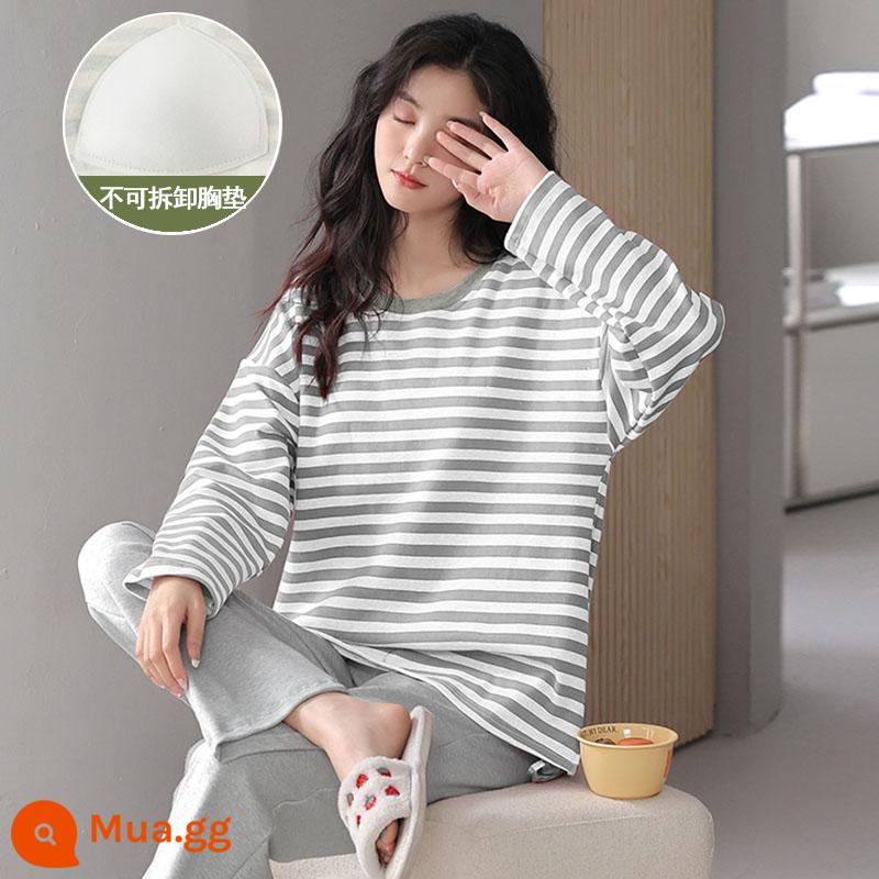 Bộ đồ ngủ nữ mùa xuân, mùa thu và mùa đông cotton nguyên chất dài tay rộng rãi có đệm ngực có thể mặc ra ngoài trong bộ đồ phục vụ tại nhà mùa đông - 6935[Đệm ngực không thể tháo rời]