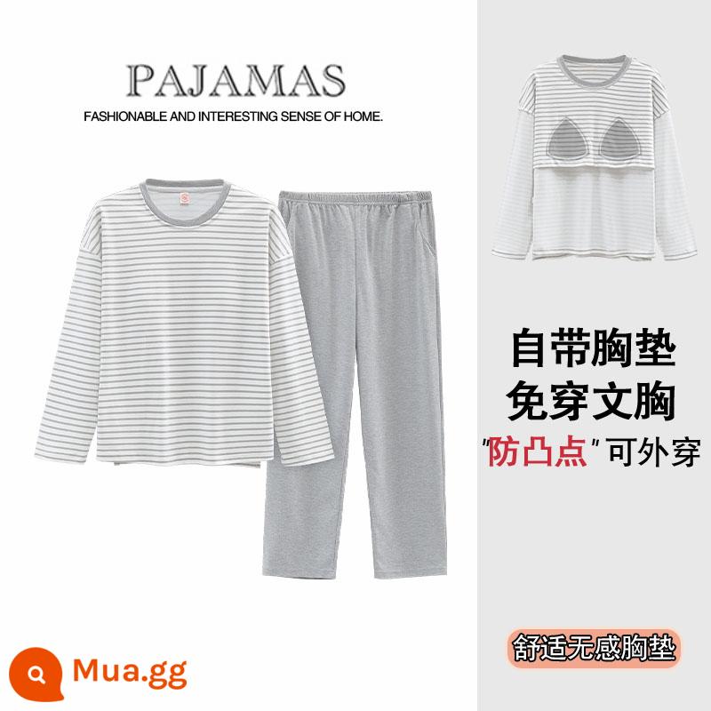 Bộ đồ ngủ nữ mùa xuân, mùa thu và mùa đông cotton nguyên chất dài tay rộng rãi có đệm ngực có thể mặc ra ngoài trong bộ đồ phục vụ tại nhà mùa đông - 6932[Đệm ngực không thể tháo rời]