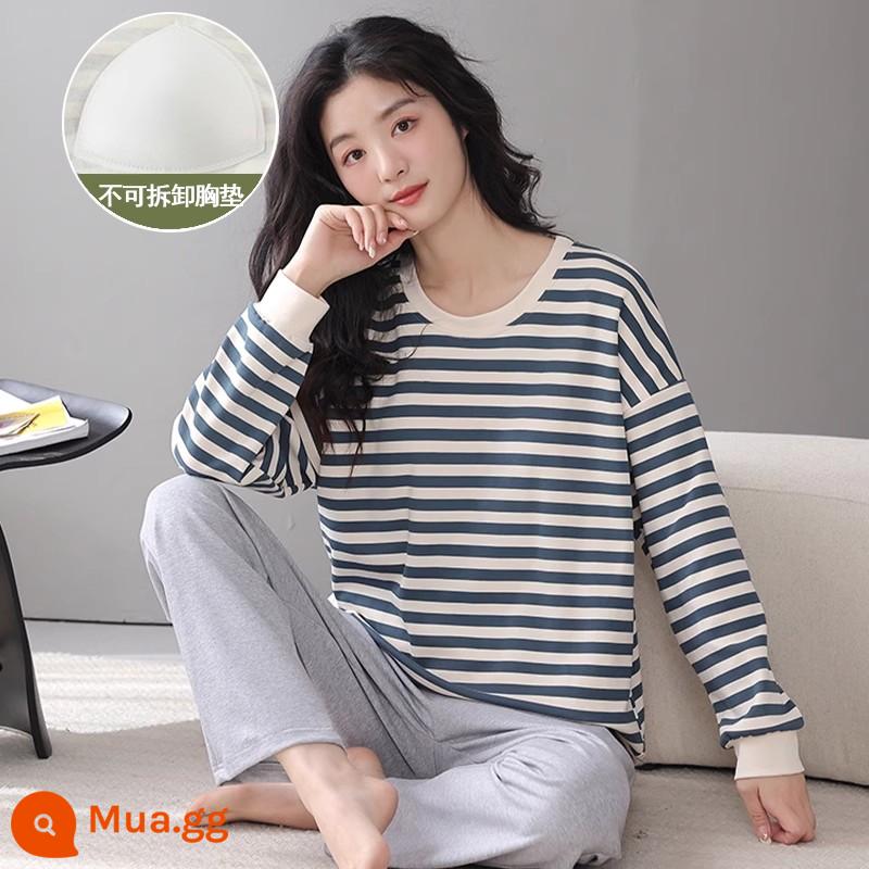 Bộ đồ ngủ nữ mùa xuân, mùa thu và mùa đông cotton nguyên chất dài tay rộng rãi có đệm ngực có thể mặc ra ngoài trong bộ đồ phục vụ tại nhà mùa đông - SSM-6931 [Miếng đệm ngực không thể tháo rời]