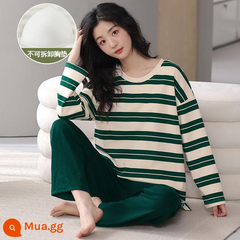 Bộ đồ ngủ nữ mùa xuân, mùa thu và mùa đông cotton nguyên chất dài tay rộng rãi có đệm ngực có thể mặc ra ngoài trong bộ đồ phục vụ tại nhà mùa đông - 6936[Đệm ngực không thể tháo rời]