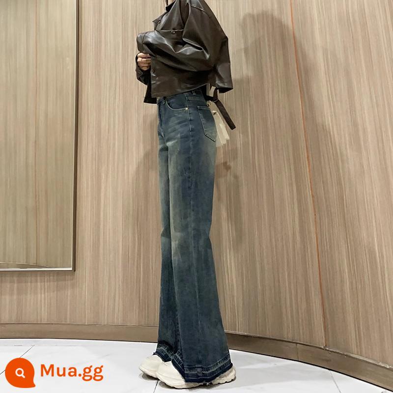 Quần áo mùa xuân cho nữ 2024 quần jeans bootcut kiểu mới cho nữ nhỏ, rộng, quần ống loe không ống suông kiểu Mỹ cho mùa xuân thu - Màu xanh chín điểm cổ điển