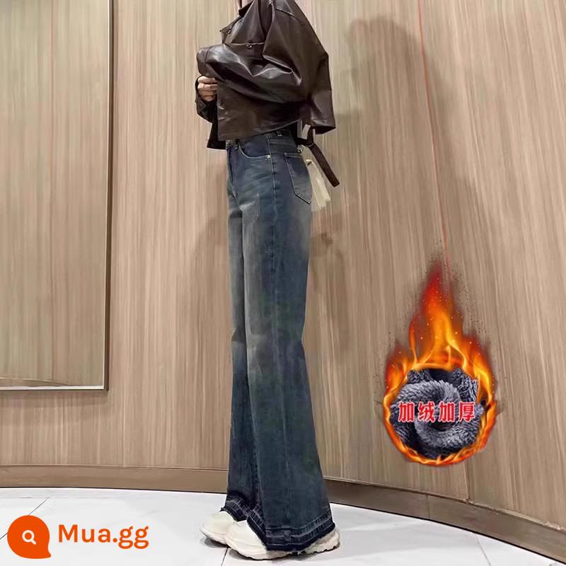 Quần áo mùa xuân cho nữ 2024 quần jeans bootcut kiểu mới cho nữ nhỏ, rộng, quần ống loe không ống suông kiểu Mỹ cho mùa xuân thu - Màu xanh cổ điển (nhung dày) -chín điểm