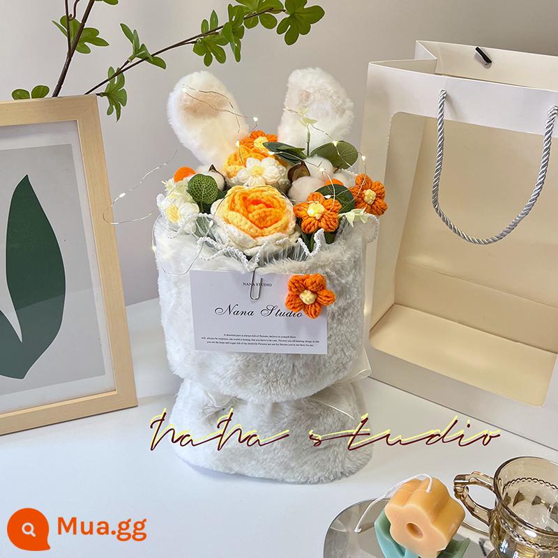 Tự chế dệt bó hoa handmade Quà Tết len đan hoa khô thành phẩm hướng dương vĩnh cửu hoa sinh nhật bestie - Bó hoa tai thỏ bông hồng vàng phối Thành phẩm: 33*18CM