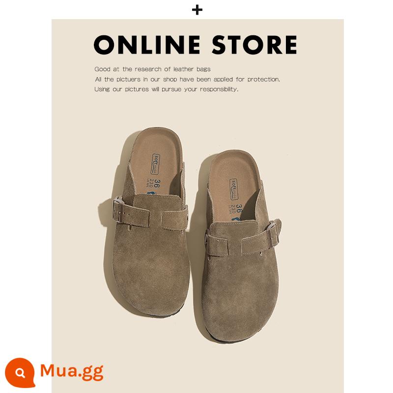 Giày Birkenstock da thật toàn bộ của Nemo dành cho nữ đế dày đế bằng nút chai Sanxi cùng phong cách thu đông cộng với giày Birkenstock nhung và dép nửa dép - Kiểu kéo nửa kaki tối màu