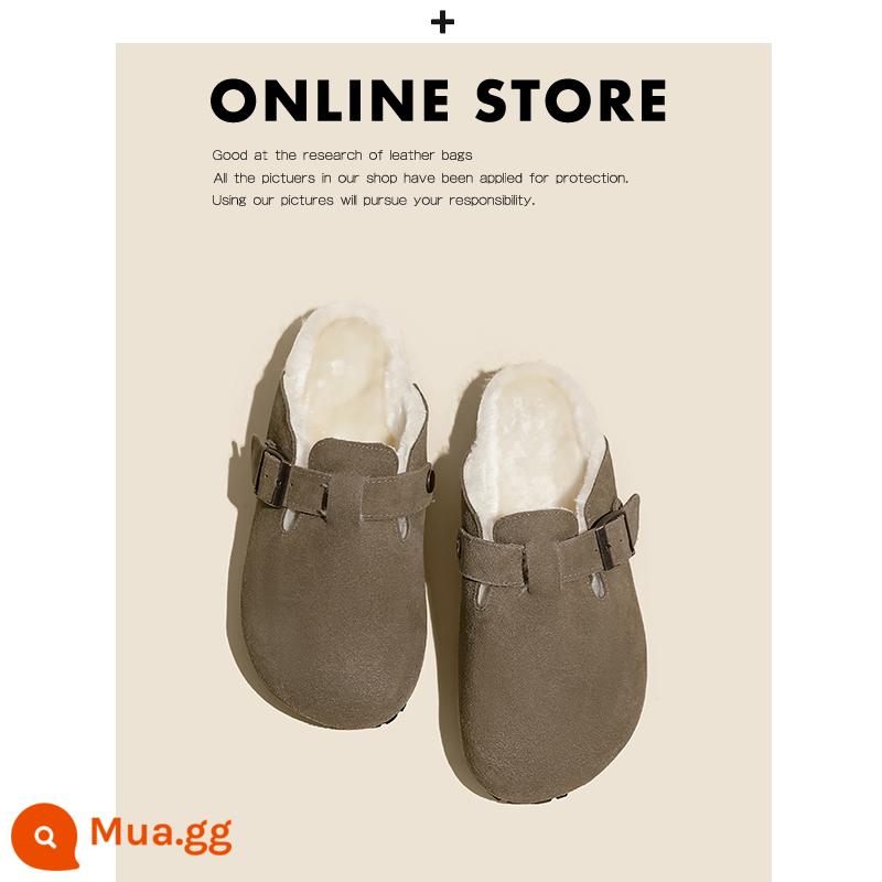 Giày Birkenstock da thật toàn bộ của Nemo dành cho nữ đế dày đế bằng nút chai Sanxi cùng phong cách thu đông cộng với giày Birkenstock nhung và dép nửa dép - Kaki tối màu cộng với kiểu kéo nửa nhung