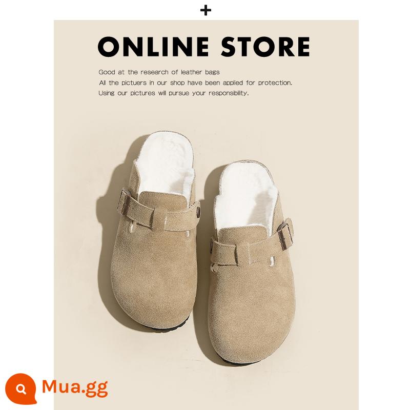 Giày Birkenstock da thật toàn bộ của Nemo dành cho nữ đế dày đế bằng nút chai Sanxi cùng phong cách thu đông cộng với giày Birkenstock nhung và dép nửa dép - Kiểu kaki nhẹ cộng với nhung nửa kéo