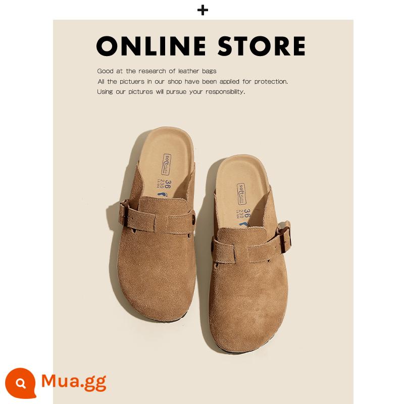 Giày Birkenstock da thật toàn bộ của Nemo dành cho nữ đế dày đế bằng nút chai Sanxi cùng phong cách thu đông cộng với giày Birkenstock nhung và dép nửa dép - Phong cách kéo nửa màu hạt dẻ