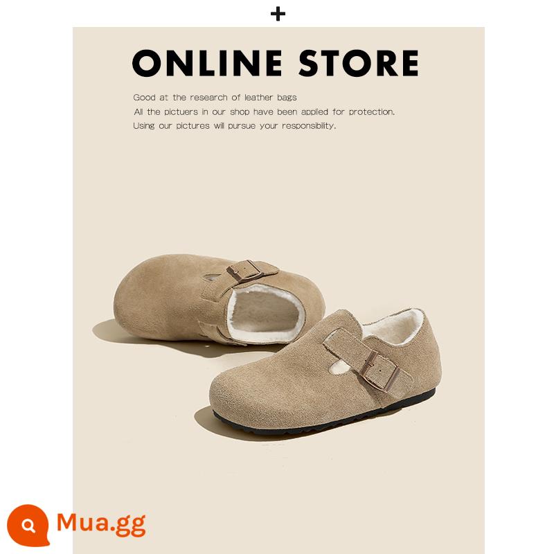 Giày Birkenstock da thật toàn bộ của Nemo dành cho nữ đế dày đế bằng nút chai Sanxi cùng phong cách thu đông cộng với giày Birkenstock nhung và dép nửa dép - Mẫu kaki nhẹ cộng với nhung bao gồm tất cả