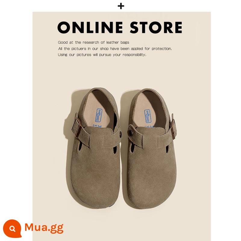 Giày Birkenstock da thật toàn bộ của Nemo dành cho nữ đế dày đế bằng nút chai Sanxi cùng phong cách thu đông cộng với giày Birkenstock nhung và dép nửa dép - Dark Khaki Bảo hiểm đầy đủ