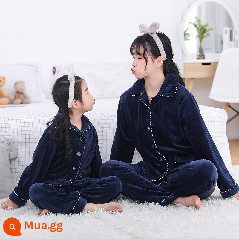 Trẻ em Bộ đồ ngủ nỉ mùa thu đông dày dặn bé trai và bé gái 13 tuổi nhung san hô cho bé mặc nhà quần áo bé trai - Màu xanh hải quân A nữ