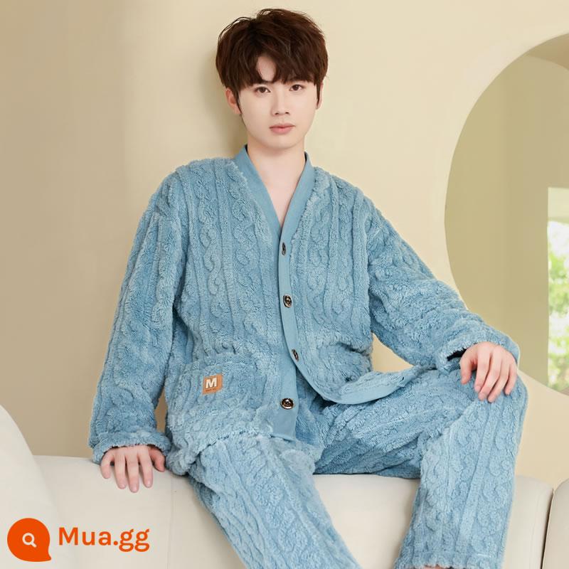 Mẫu mùa thu và mùa thu nam mới của Pyjama dày lên và Velvet Long -sleeved Coral Velvet Velvet Hoàng - y02-R9104 cổ chữ V xoắn màu xanh