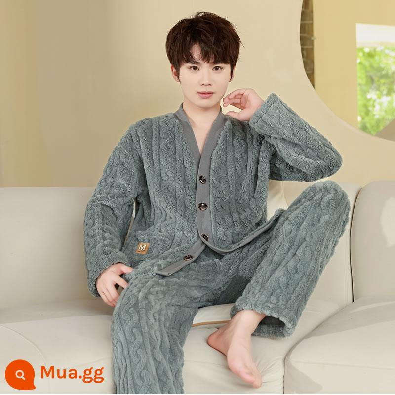 Mẫu mùa thu và mùa thu nam mới của Pyjama dày lên và Velvet Long -sleeved Coral Velvet Velvet Hoàng - y02-R9102 cổ chữ V xoắn màu xám