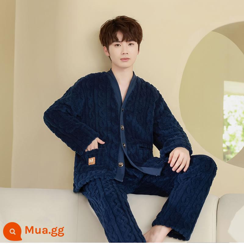 Mẫu mùa thu và mùa thu nam mới của Pyjama dày lên và Velvet Long -sleeved Coral Velvet Velvet Hoàng - y02-R9101 Cổ chữ V xoắn hải quân