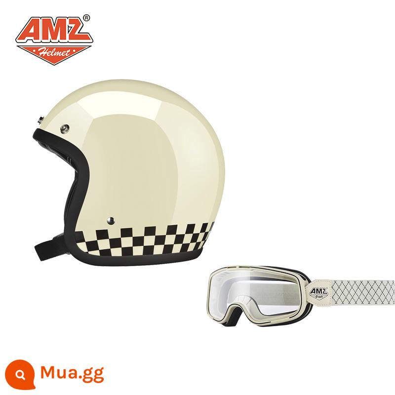 AMZ Retro Đầu Máy Đầu Máy Mũ Bảo Hiểm Nữ Mùa Hè Ba Phần Tư Xe Điện Nam 3C Chứng Nhận Harley Mũ Bảo Hiểm Nửa - Lưới đen trắng trắng sáng + gọng trắng và kính bảo hộ vạch trắng (SF Express miễn phí vận chuyển)