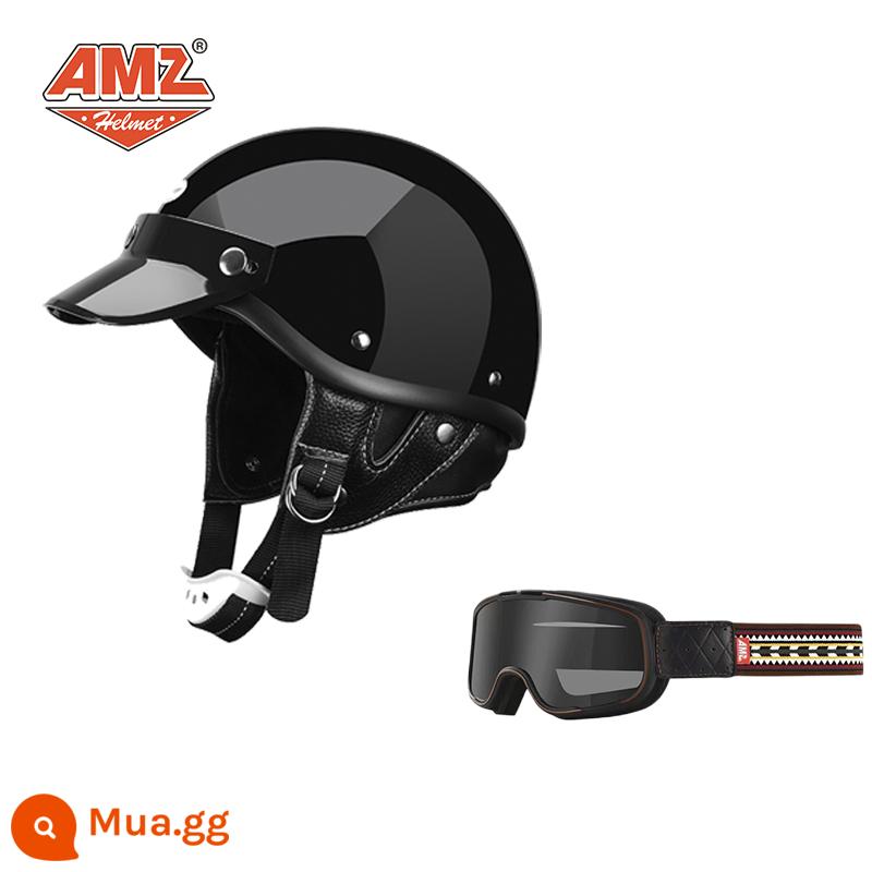 AMZ Nhật Bản Retro Xe Máy Nữ Mũ Bảo Hiểm Nhỏ Harley Sợi Thủy Tinh Xe Máy Mũ Bảo Hiểm Nửa Xe Điện Nam Muỗng Mũ Bảo Hiểm - Màu đen bóng + kính bảo hộ Ấn Độ (S.F. miễn phí vận chuyển cho thân mũ bảo hiểm nhỏ, không phải 3C)