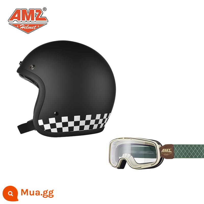 AMZ Retro Đầu Máy Đầu Máy Mũ Bảo Hiểm Nữ Mùa Hè Ba Phần Tư Xe Điện Nam 3C Chứng Nhận Harley Mũ Bảo Hiểm Nửa - Lưới đen trắng mờ + kính bảo hộ có viền màu xanh lá cây gọng trắng (SF Express miễn phí vận chuyển)