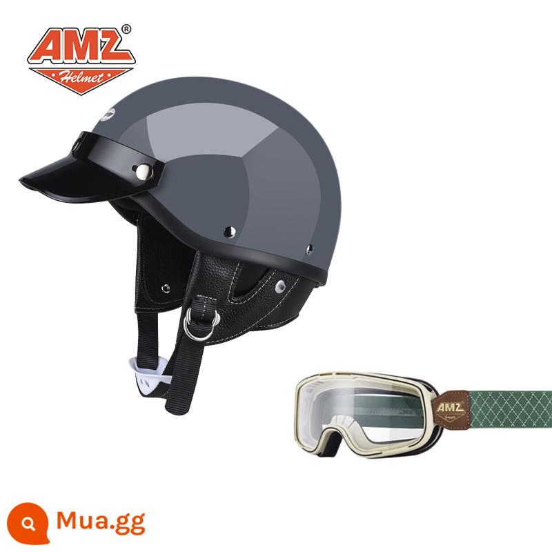 AMZ Nhật Bản Retro Xe Máy Nữ Mũ Bảo Hiểm Nhỏ Harley Sợi Thủy Tinh Xe Máy Mũ Bảo Hiểm Nửa Xe Điện Nam Muỗng Mũ Bảo Hiểm - Kính bảo hộ đường xanh khung xám + trắng xi măng (Phiên bản 3C SF Express miễn phí vận chuyển)