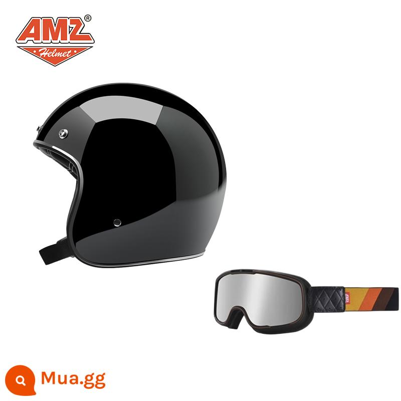 AMZ Retro Đầu Máy Đầu Máy Mũ Bảo Hiểm Nữ Mùa Hè Ba Phần Tư Xe Điện Nam 3C Chứng Nhận Harley Mũ Bảo Hiểm Nửa - Kính bảo hộ mạ bạc gọng đen + đen bóng (SF Express miễn phí vận chuyển)