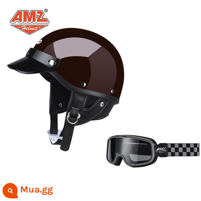 AMZ Nhật Bản Retro Xe Máy Nữ Mũ Bảo Hiểm Nhỏ Harley Sợi Thủy Tinh Xe Máy Mũ Bảo Hiểm Nửa Xe Điện Nam Muỗng Mũ Bảo Hiểm - Kính bảo hộ màu đỏ cổ điển + màu nâu xám nhà chọc trời (Phiên bản 3C SF Express miễn phí vận chuyển)