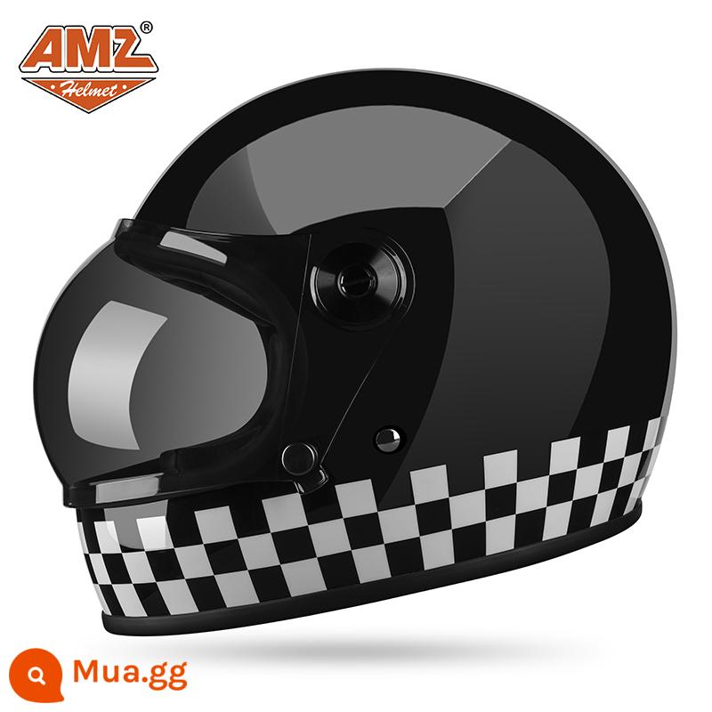 AMZ Xe Máy Retro Xe Máy Full Mũ Bảo Hiểm Nam Nữ 3C Chứng Nhận Mùa Đông Mũ Bảo Hiểm Harley Xe Điện Bốn Mùa - Lưới đen trắng đen sáng (SF Express miễn phí vận chuyển)