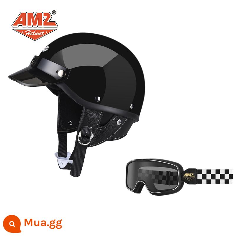 AMZ Nhật Bản Retro Xe Máy Nữ Mũ Bảo Hiểm Nhỏ Harley Sợi Thủy Tinh Xe Máy Mũ Bảo Hiểm Nửa Xe Điện Nam Muỗng Mũ Bảo Hiểm - Kính đen bóng + lưới đen trắng (phiên bản 3C SF Express miễn phí vận chuyển)