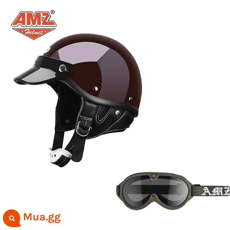 AMZ Nhật Bản Retro Xe Máy Nữ Mũ Bảo Hiểm Nhỏ Harley Sợi Thủy Tinh Xe Máy Mũ Bảo Hiểm Nửa Xe Điện Nam Muỗng Mũ Bảo Hiểm - Kính bảo hộ mới màu đỏ + xanh cổ điển (SF Express miễn phí vận chuyển thân mũ bảo hiểm nhỏ không phải 3C)