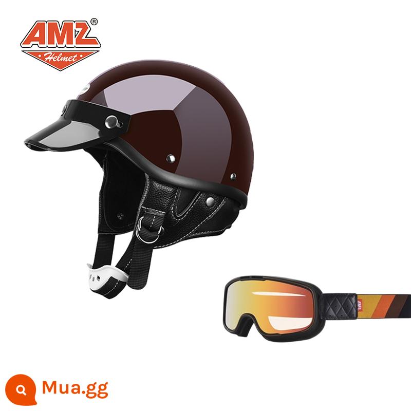 AMZ Nhật Bản Retro Xe Máy Nữ Mũ Bảo Hiểm Nhỏ Harley Sợi Thủy Tinh Xe Máy Mũ Bảo Hiểm Nửa Xe Điện Nam Muỗng Mũ Bảo Hiểm - Kính bảo hộ màu gọng đỏ + đen cổ điển (SF Express miễn phí vận chuyển thân mũ bảo hiểm nhỏ không phải 3C)