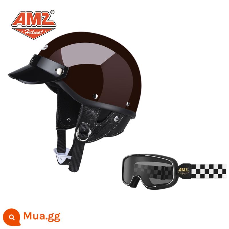 AMZ Nhật Bản Retro Xe Máy Nữ Mũ Bảo Hiểm Nhỏ Harley Sợi Thủy Tinh Xe Máy Mũ Bảo Hiểm Nửa Xe Điện Nam Muỗng Mũ Bảo Hiểm - Kính ca rô màu đỏ + đen trắng cổ điển (phiên bản 3C SF Express miễn phí vận chuyển)