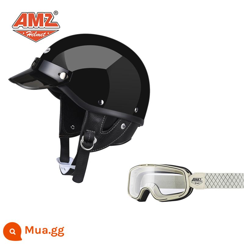 AMZ Nhật Bản Retro Xe Máy Nữ Mũ Bảo Hiểm Nhỏ Harley Sợi Thủy Tinh Xe Máy Mũ Bảo Hiểm Nửa Xe Điện Nam Muỗng Mũ Bảo Hiểm - Gọng kính đen + trắng bóng và kính trắng (Phiên bản 3C SF Express miễn phí vận chuyển)