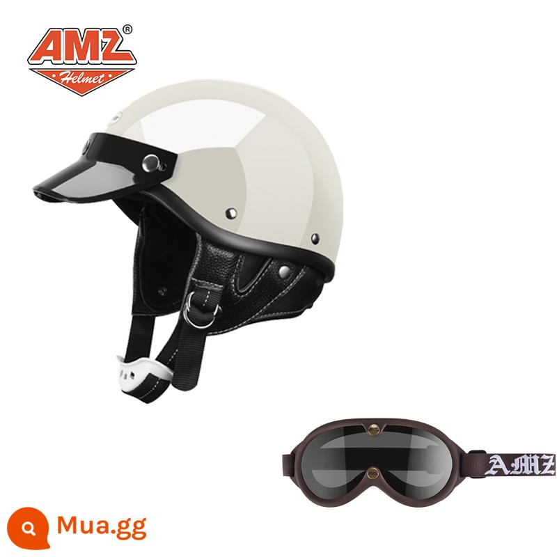 AMZ Nhật Bản Retro Xe Máy Nữ Mũ Bảo Hiểm Nhỏ Harley Sợi Thủy Tinh Xe Máy Mũ Bảo Hiểm Nửa Xe Điện Nam Muỗng Mũ Bảo Hiểm - Kính bảo hộ mới màu trắng bóng + nâu (SF Express miễn phí vận chuyển thân mũ bảo hiểm nhỏ không phải 3C)