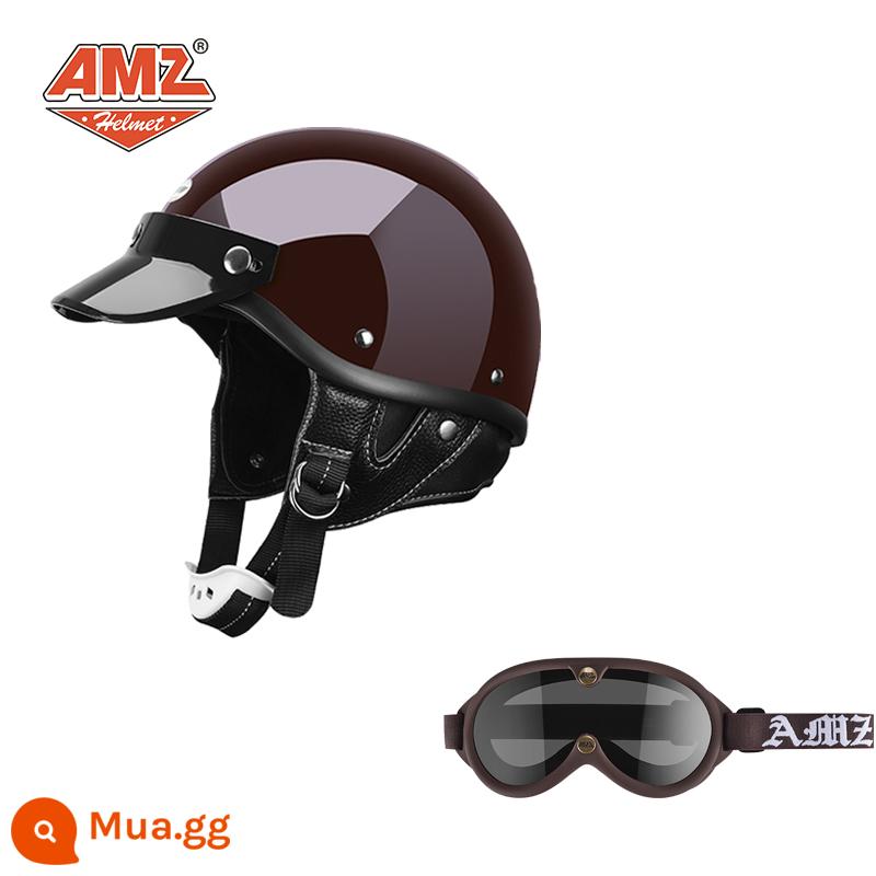 AMZ Nhật Bản Retro Xe Máy Nữ Mũ Bảo Hiểm Nhỏ Harley Sợi Thủy Tinh Xe Máy Mũ Bảo Hiểm Nửa Xe Điện Nam Muỗng Mũ Bảo Hiểm - Kính bảo hộ mới màu đỏ + nâu cổ điển (SF miễn phí vận chuyển thân mũ bảo hiểm nhỏ không phải 3C)