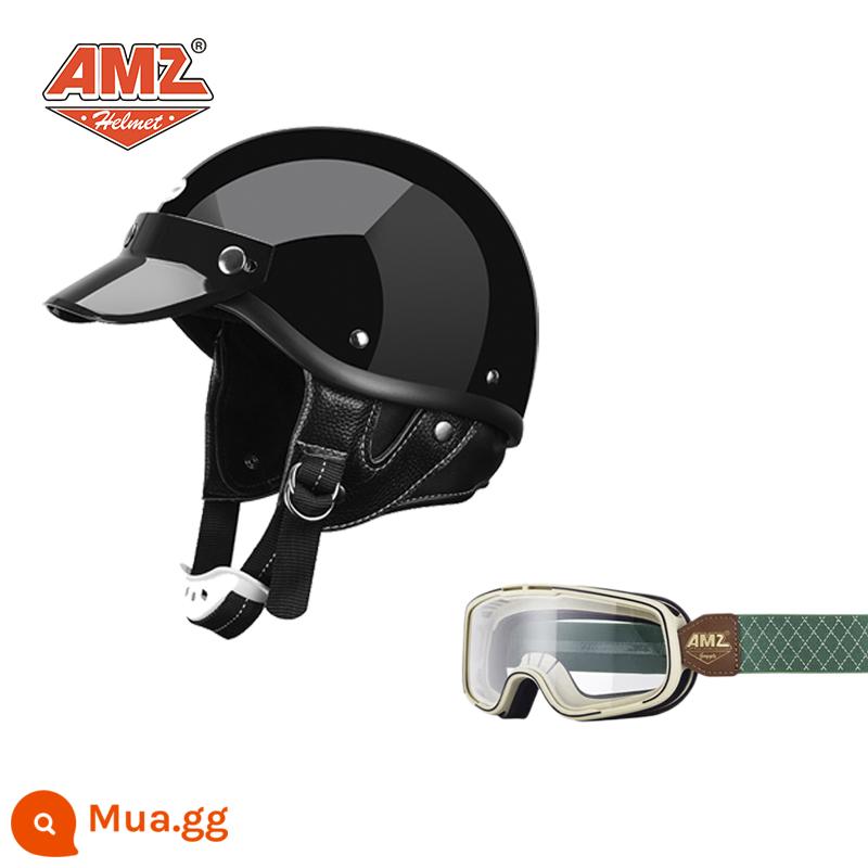 AMZ Nhật Bản Retro Xe Máy Nữ Mũ Bảo Hiểm Nhỏ Harley Sợi Thủy Tinh Xe Máy Mũ Bảo Hiểm Nửa Xe Điện Nam Muỗng Mũ Bảo Hiểm - Kính bảo hộ có đường màu xanh lá cây gọng đen + trắng bóng (SF Express miễn phí vận chuyển thân mũ bảo hiểm nhỏ không phải 3C)