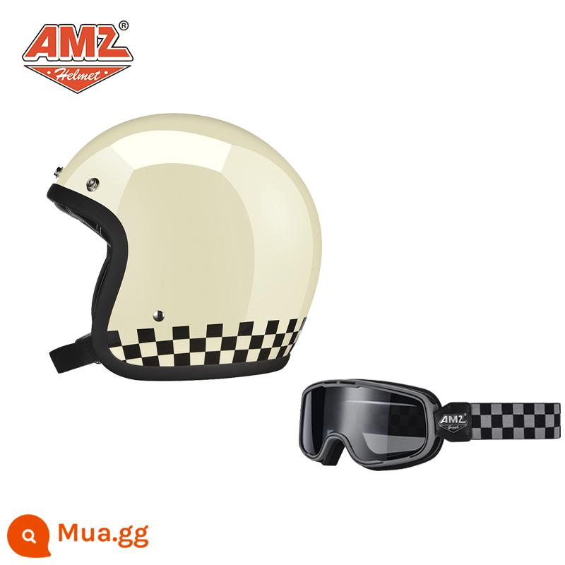 AMZ Retro Đầu Máy Đầu Máy Mũ Bảo Hiểm Nữ Mùa Hè Ba Phần Tư Xe Điện Nam 3C Chứng Nhận Harley Mũ Bảo Hiểm Nửa - Lưới đen trắng trắng sáng + kính màu nâu xám nhà chọc trời (SF Express miễn phí vận chuyển)