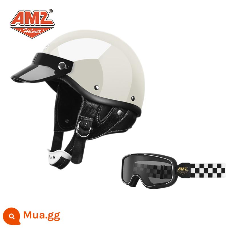 AMZ Nhật Bản Retro Xe Máy Nữ Mũ Bảo Hiểm Nhỏ Harley Sợi Thủy Tinh Xe Máy Mũ Bảo Hiểm Nửa Xe Điện Nam Muỗng Mũ Bảo Hiểm - Kính ca-rô màu trắng bóng + đen trắng (S.F. miễn phí vận chuyển cho thân mũ bảo hiểm nhỏ, không phải 3C)