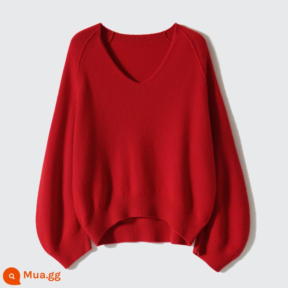 の笑汉阁 Áo thun chui đầu màu hồng Jasmine mỏng len cashmere dáng rộng Áo len nữ cổ chữ V mùa thu ZYH564920VG - Ớt đỏ