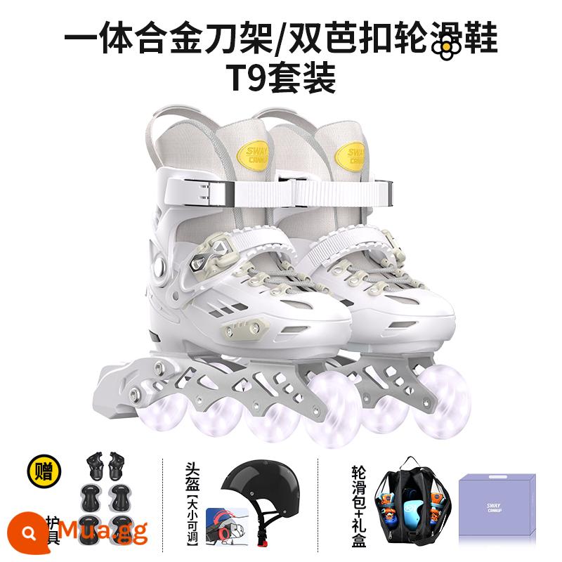 Giày skate skate bánh xe swa skate giày trẻ em được hưởng đầy đủ bộ giày thời kỳ chuyên nghiệp giày slide giày chàng trai giày hoàng gia giày - [Mẫu bánh xe khóa T9] Màu trắng ánh trăng [Mũ bảo hiểm an toàn có thể điều chỉnh T9 + Đồ bảo hộ + Quà tặng] Bánh xe thịt đầy đủ Aurora + Giá đỡ hợp kim tích hợp