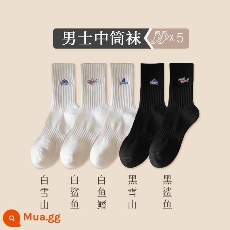 Vớ trắng nam vớ giữa ống mùa đông cotton nguyên chất khử mùi bóng rổ thể thao vớ mùa thu và mùa đông mô hình ống dài ấm triều vớ - Núi tuyết trắng + cá mập trắng + vây trắng + núi tuyết đen + cá mập đen