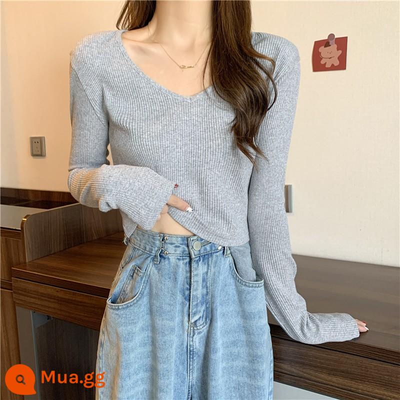 Màu thuần khiết v -neck tay áo dài t -shirt nữ đầu mùa thu năm 2022 mới bên trong -up áo nhỏ Tide Slim -Free Hot Girl Top - xám