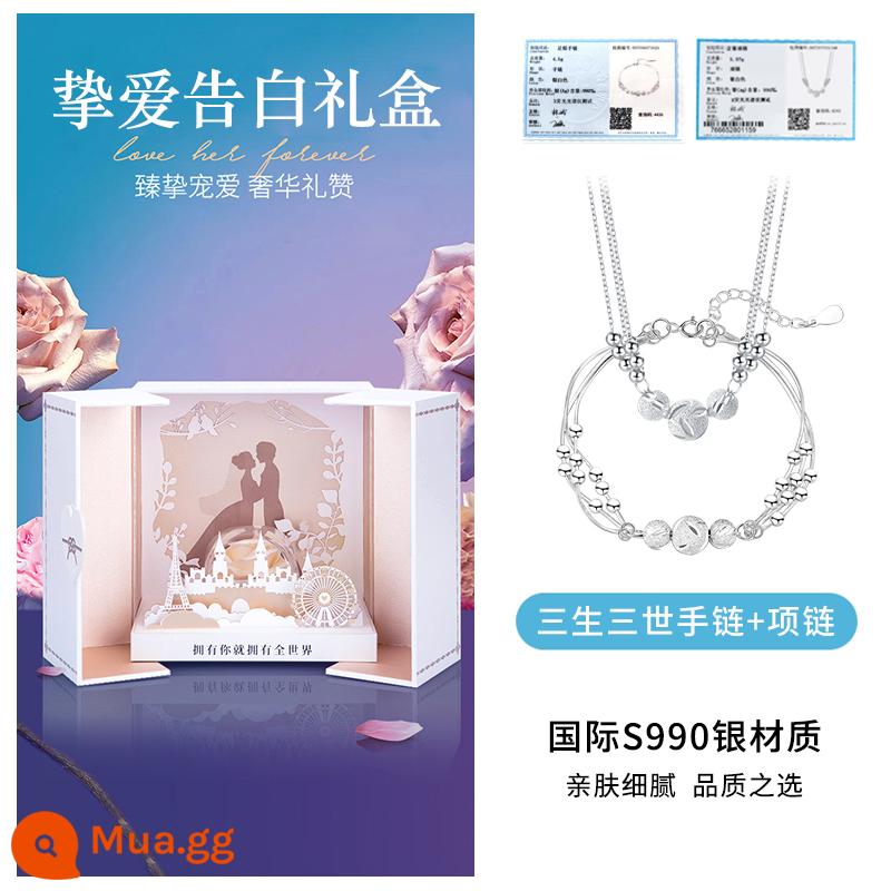 Ba Cuộc Đời Ba Thế Giới Handmade Bé Gái Bạc Sterling Thiết Kế Hốc Bạc 990 Chuyển Hạt Trang Trí Tay Lễ Tình Nhân Quà Tặng Cho Bạn Gái - Vòng tay + Vòng cổ [Hộp quà tỏ tình]