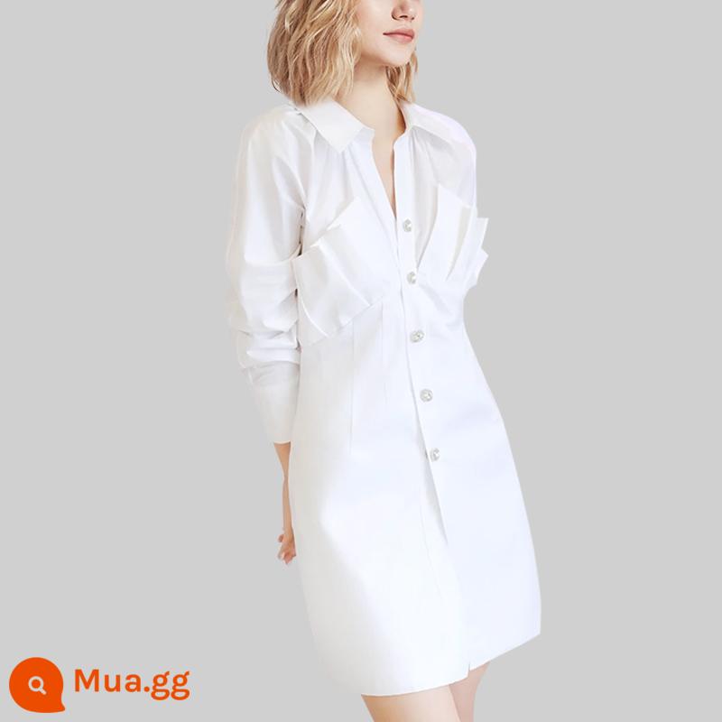 2023 mới đầu mùa xuân tình yêu đầu tiên Pháp thiết kế cao cấp áo sơ mi trắng jumpsuit ánh sáng quen thuộc em gái hoàng gia váy ngắn nữ triều - Trắng-